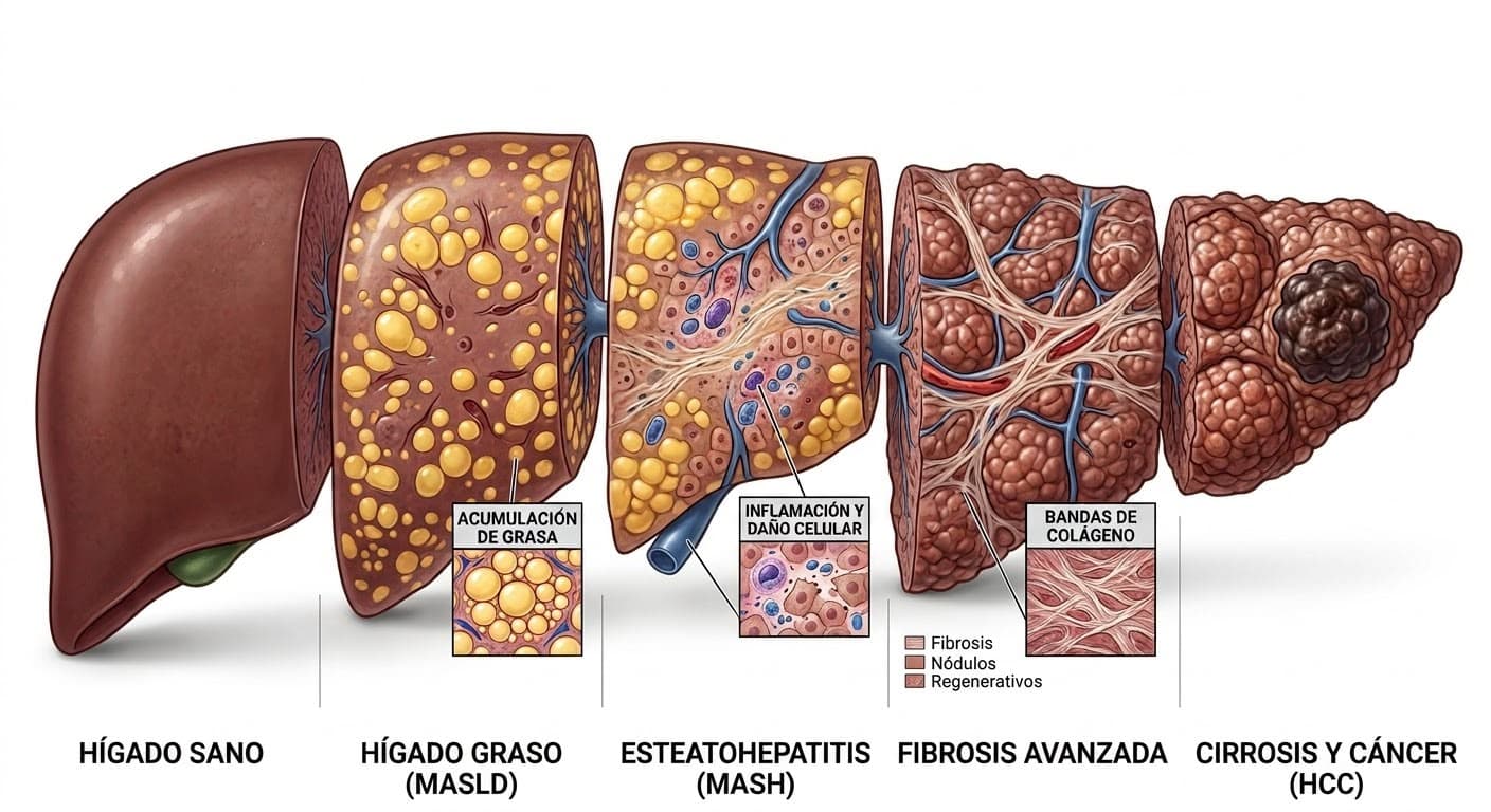 Cinco hígados en fila que muestran la progresión del daño: sano, graso, fibrosis, cirrosis y cáncer.